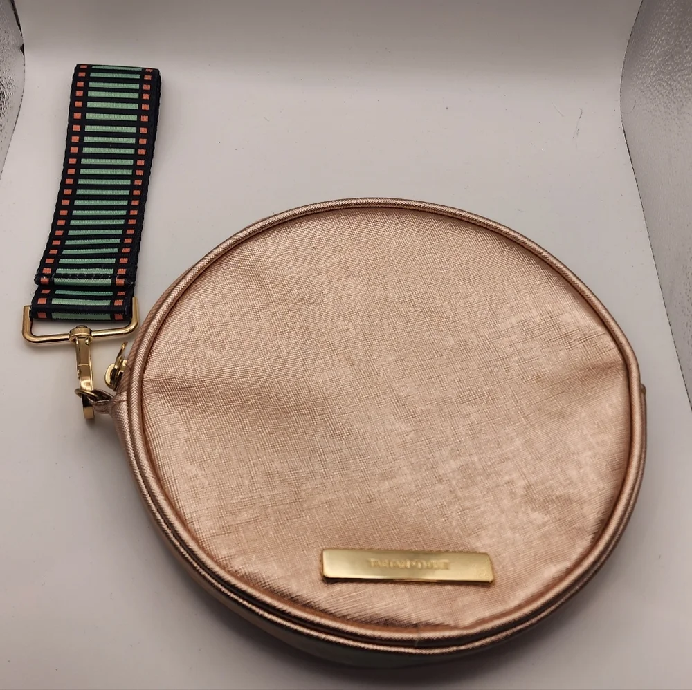 Tartan + Twine Metallic Rose Gold Round Crossbody Bag Striped Strap